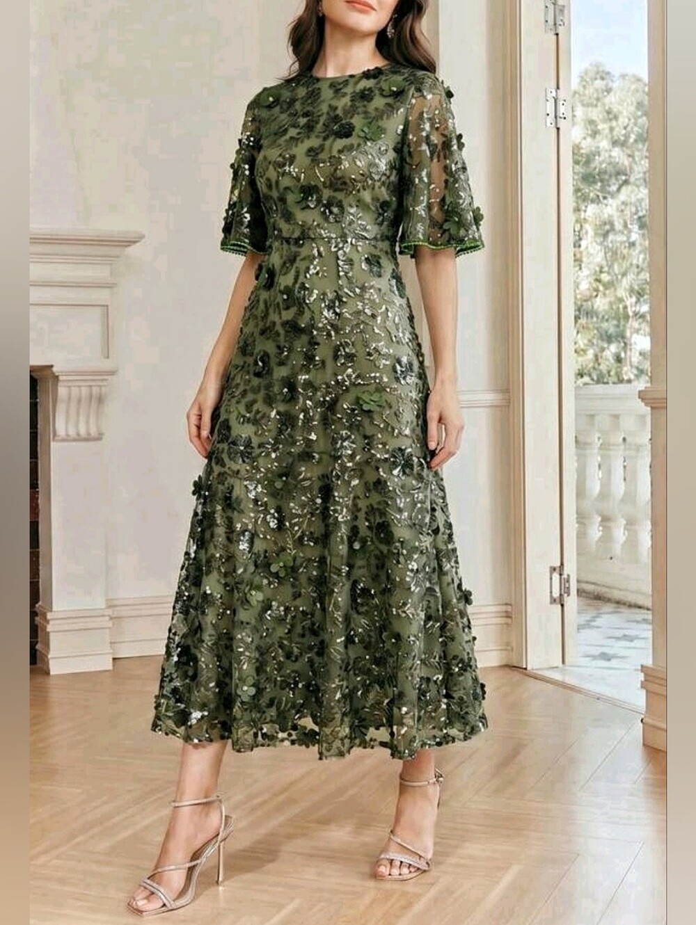New Luxe Sequin Long Dress Flutter Short Sleeve Olive Green